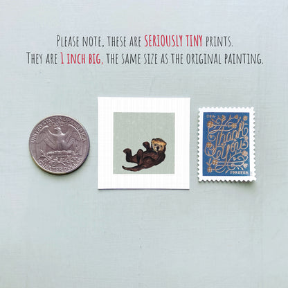 three small items: a quarter, a postage stamp, and a painting of an otter.