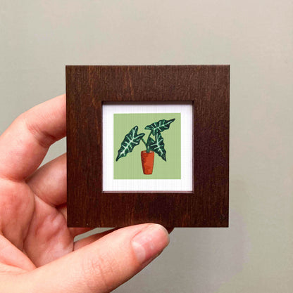 A hand is holding a small wooden frame containing a framed illustration of a potted plant with green leaves.