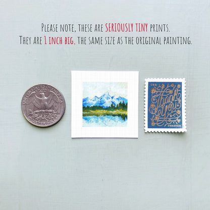 three small artworks or prints, including a coin, a postcard, and a painting, all of which are described as "seriously tiny prints" and "1 inch big," indicating that they are miniature in size and the same size as the original painting.