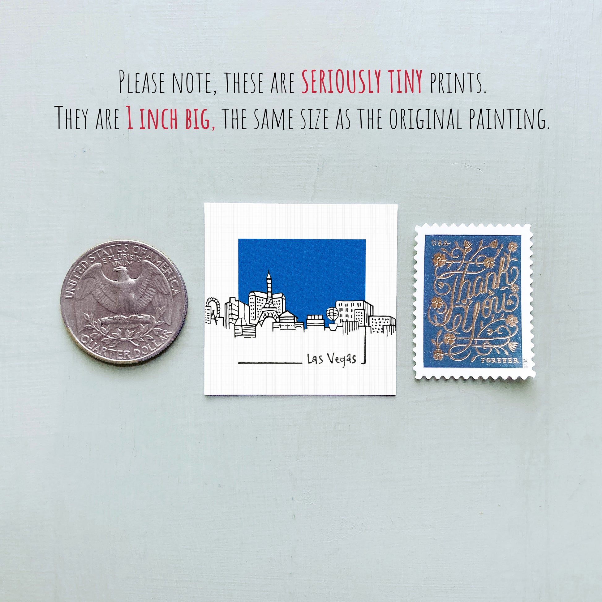 a collection of three small items: a quarter, a square with a cityscape illustration, and a postage stamp.