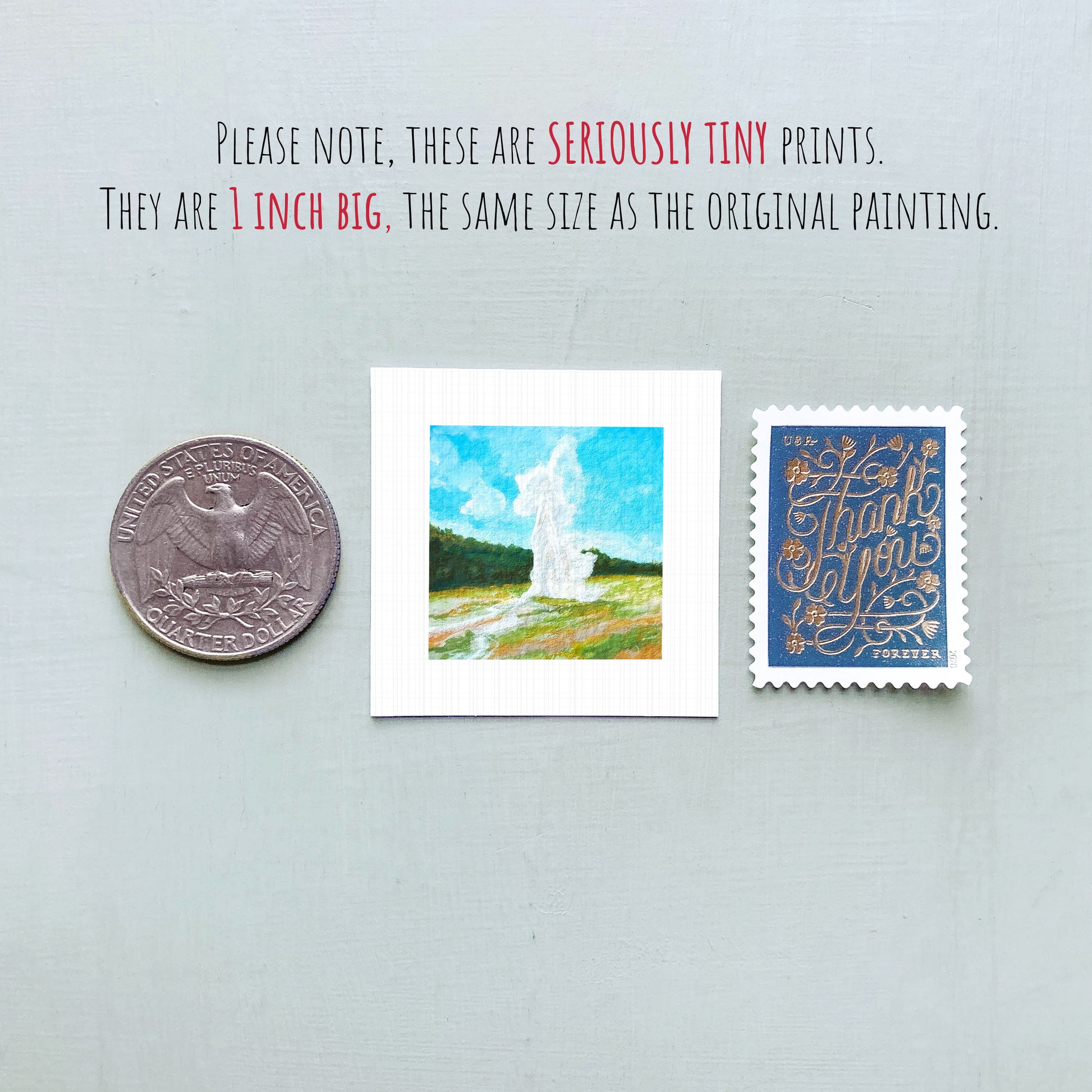 a collection of three small items: a quarter, a postage stamp, and a painting of a waterfall.