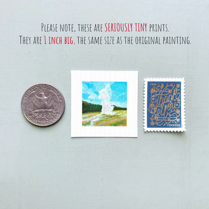 a collection of three small items: a quarter, a postage stamp, and a painting of a waterfall.