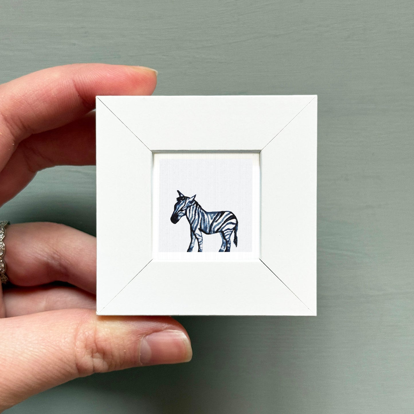 A hand is holding a small white square frame containing a black and white illustration of a zebra.
