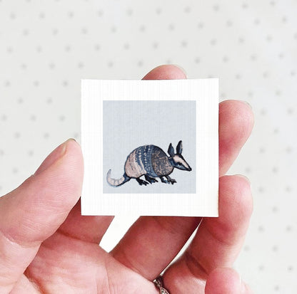 A hand holding a small square picture of an armadillo.