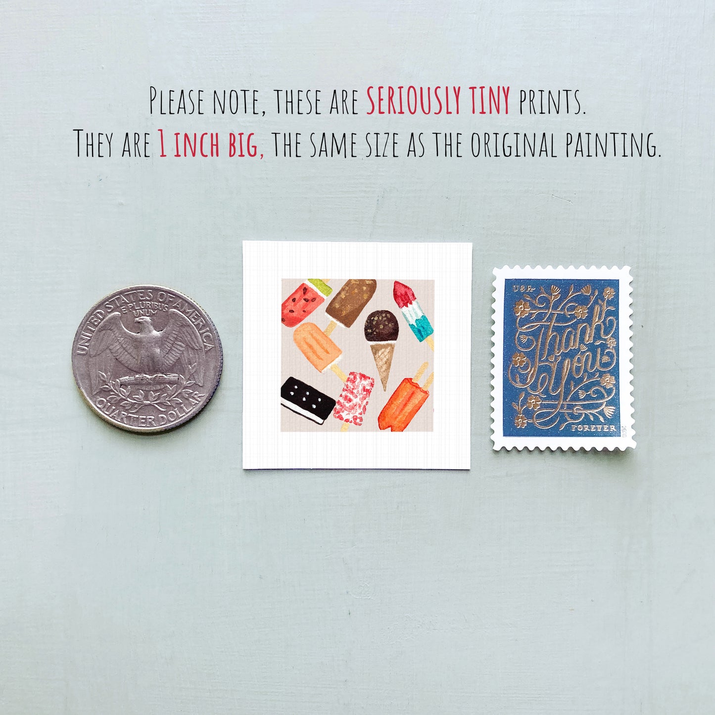 three small items: a quarter, a square print of ice cream cones, and a postage stamp.