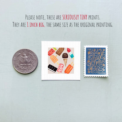three small items: a quarter, a square print of ice cream cones, and a postage stamp.