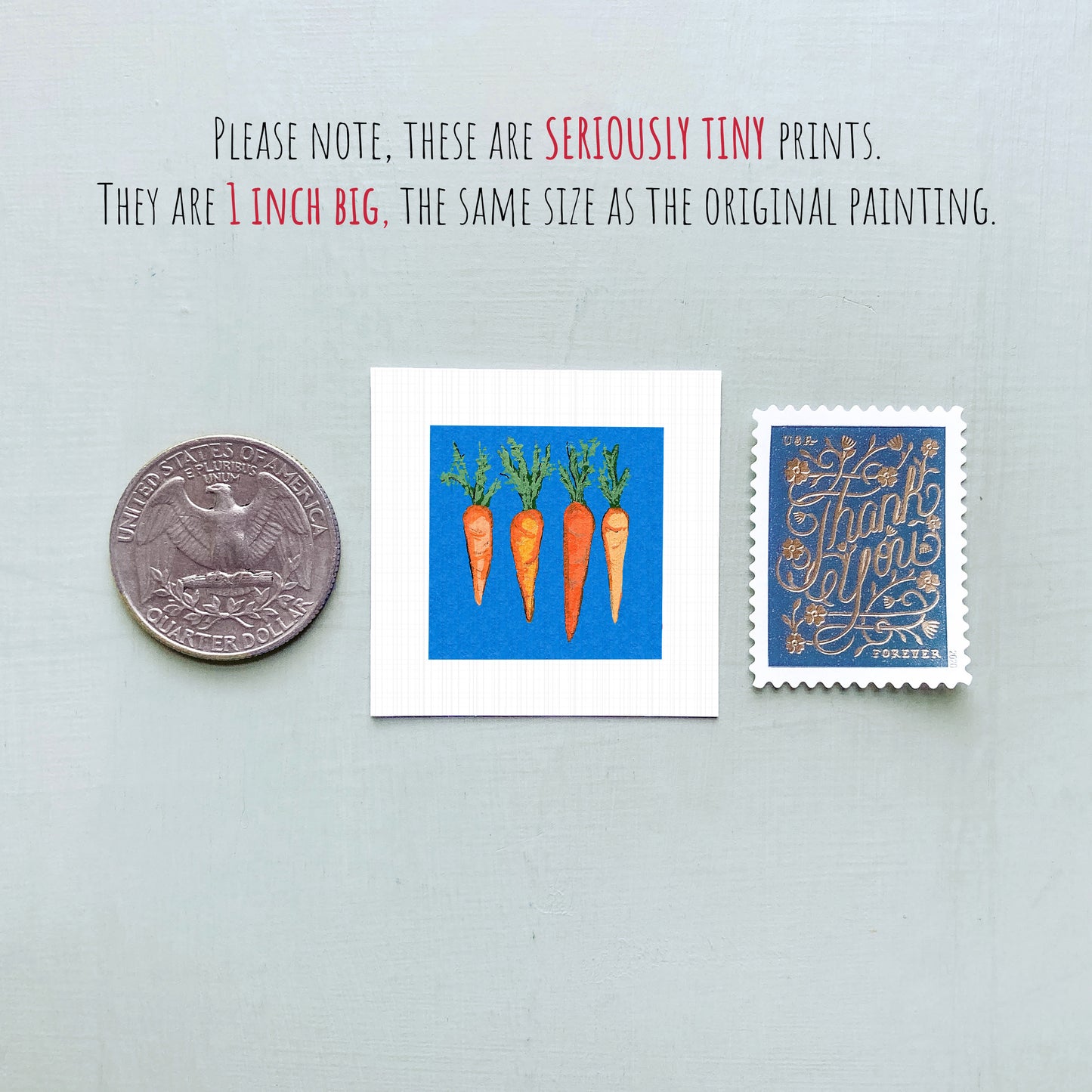 three small prints and a coin against a light background.