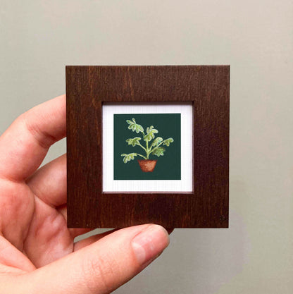 A hand is holding a small wooden frame containing a framed picture of a potted plant with green leaves.