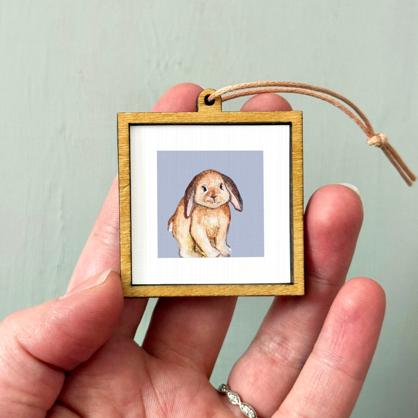 A person's hand holding a small wooden frame containing a picture of a rabbit.