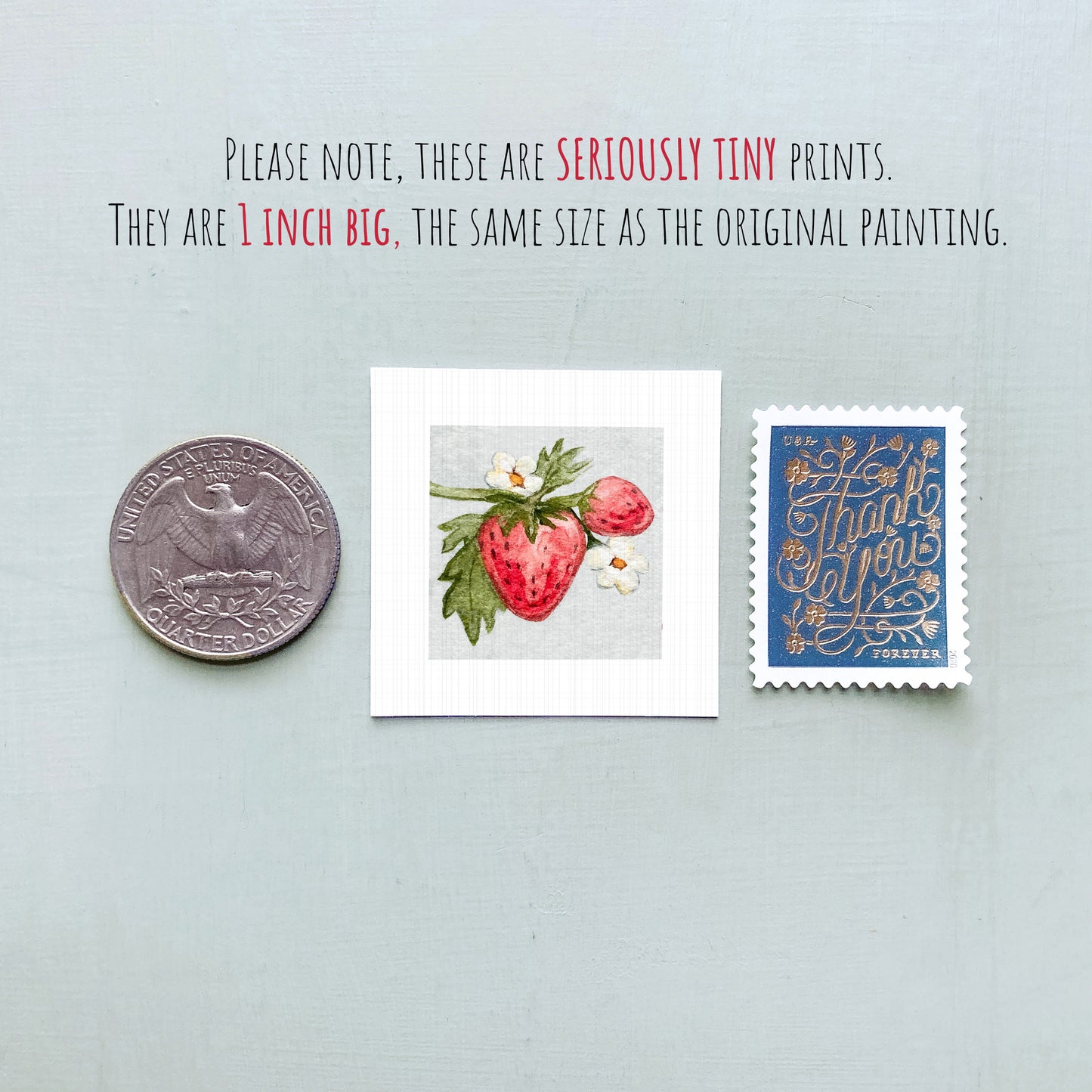 three small prints: a United States quarter, a print of a strawberry with flowers, and a postage stamp.