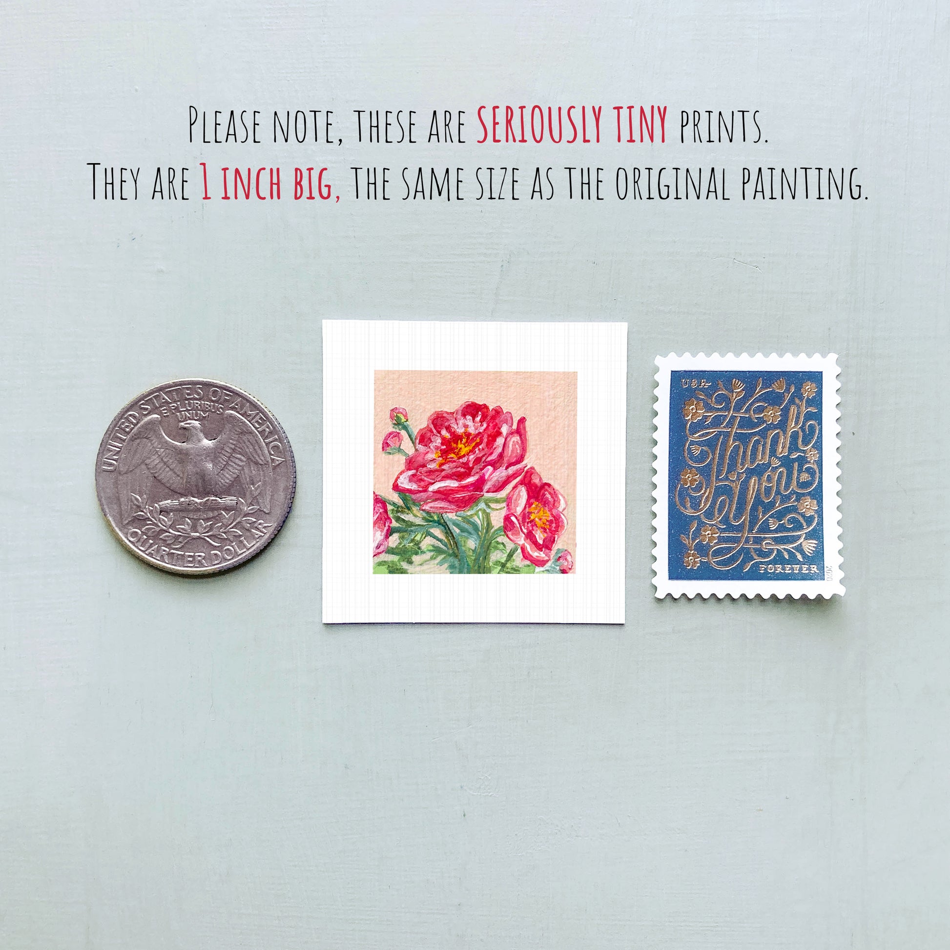 three small artworks: a coin, a painting of a flower, and a postage stamp. The coin is described as a "QUARTER DOLLAR" and the painting is described as a "small print" and "small print" as well. The postage stamp is described as "Thank you" and "For your kind".