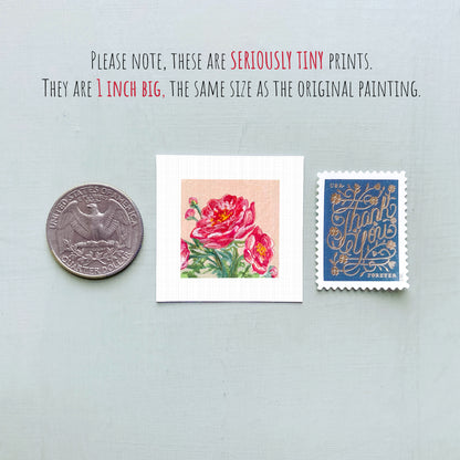 three small artworks: a coin, a painting of a flower, and a postage stamp. The coin is described as a "QUARTER DOLLAR" and the painting is described as a "small print" and "small print" as well. The postage stamp is described as "Thank you" and "For your kind".