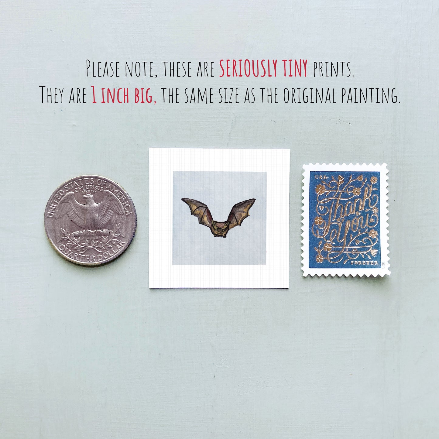 a collection of three small items: a quarter, a bat illustration, and a postage stamp.