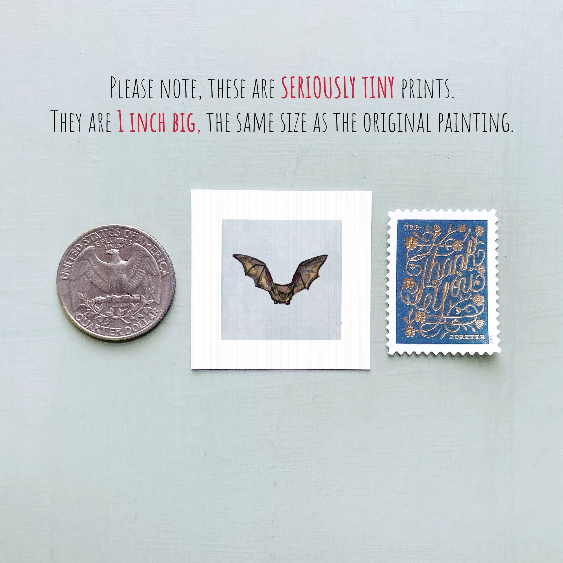 a collection of three small items: a quarter, a bat illustration, and a postage stamp.