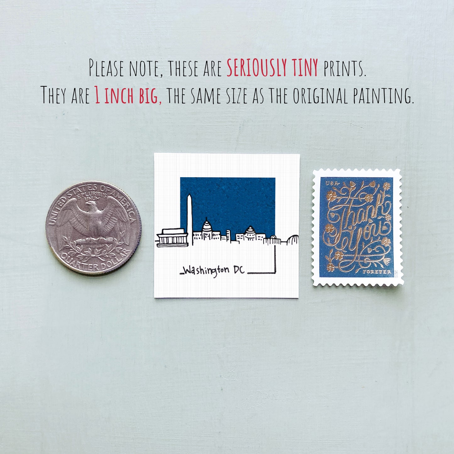 three small prints: a United States quarter, a Washington, D.C. postage stamp, and a postcard.