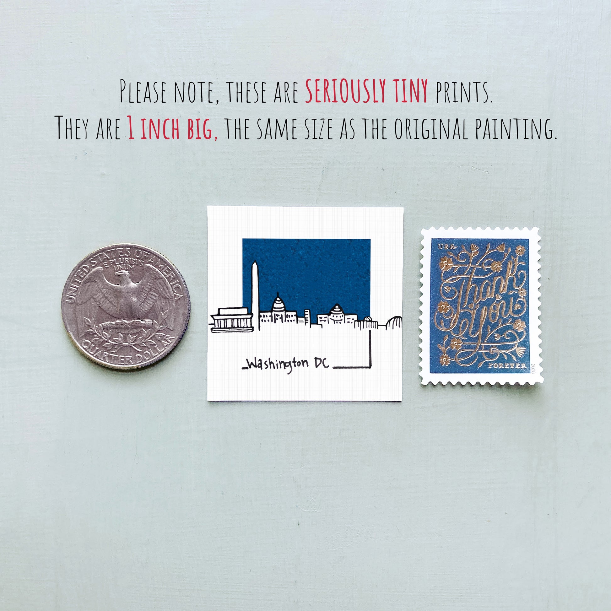 three small prints: a United States quarter, a Washington, D.C. postage stamp, and a postcard.