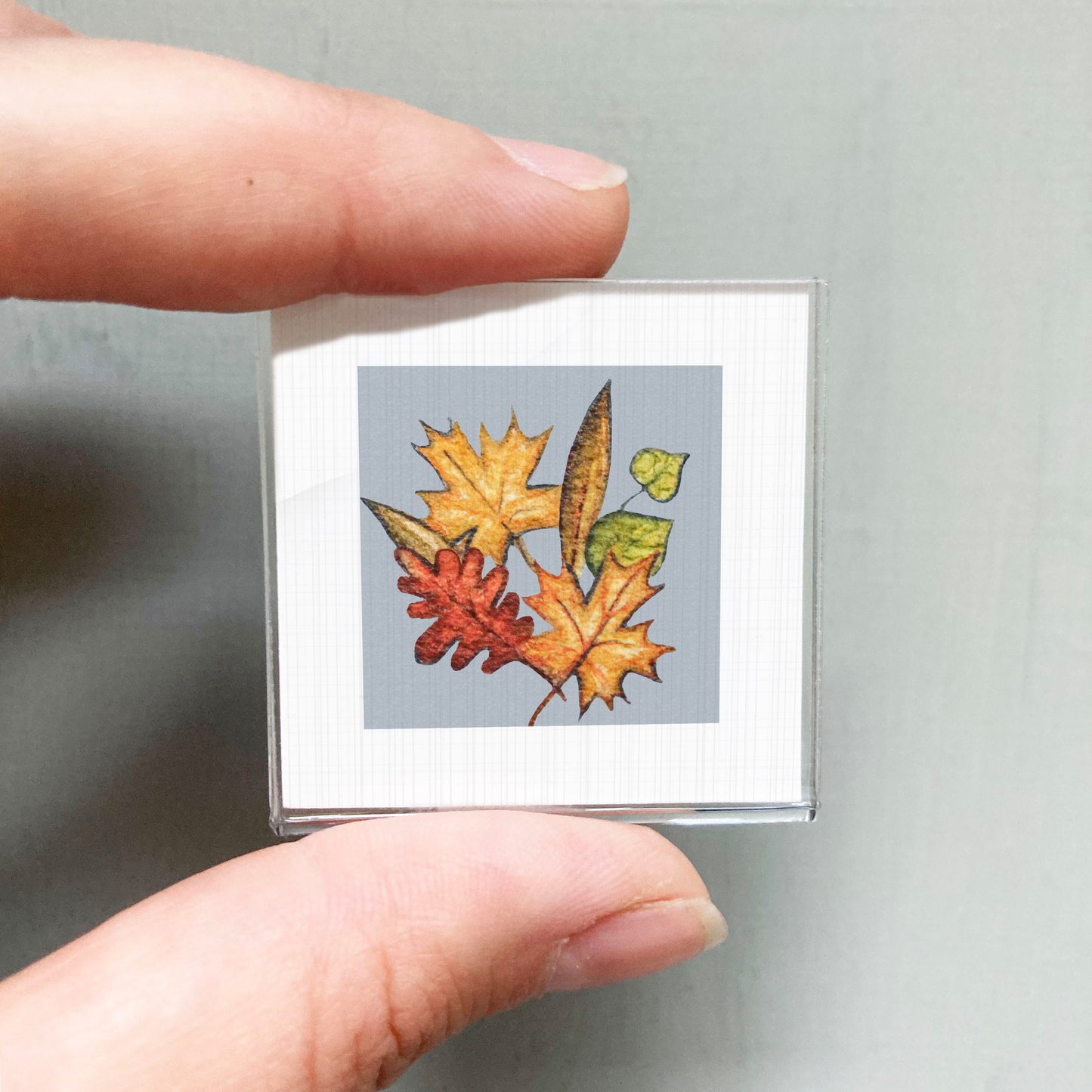 A person's hand is holding a small square picture featuring a close-up of colorful autumn leaves.