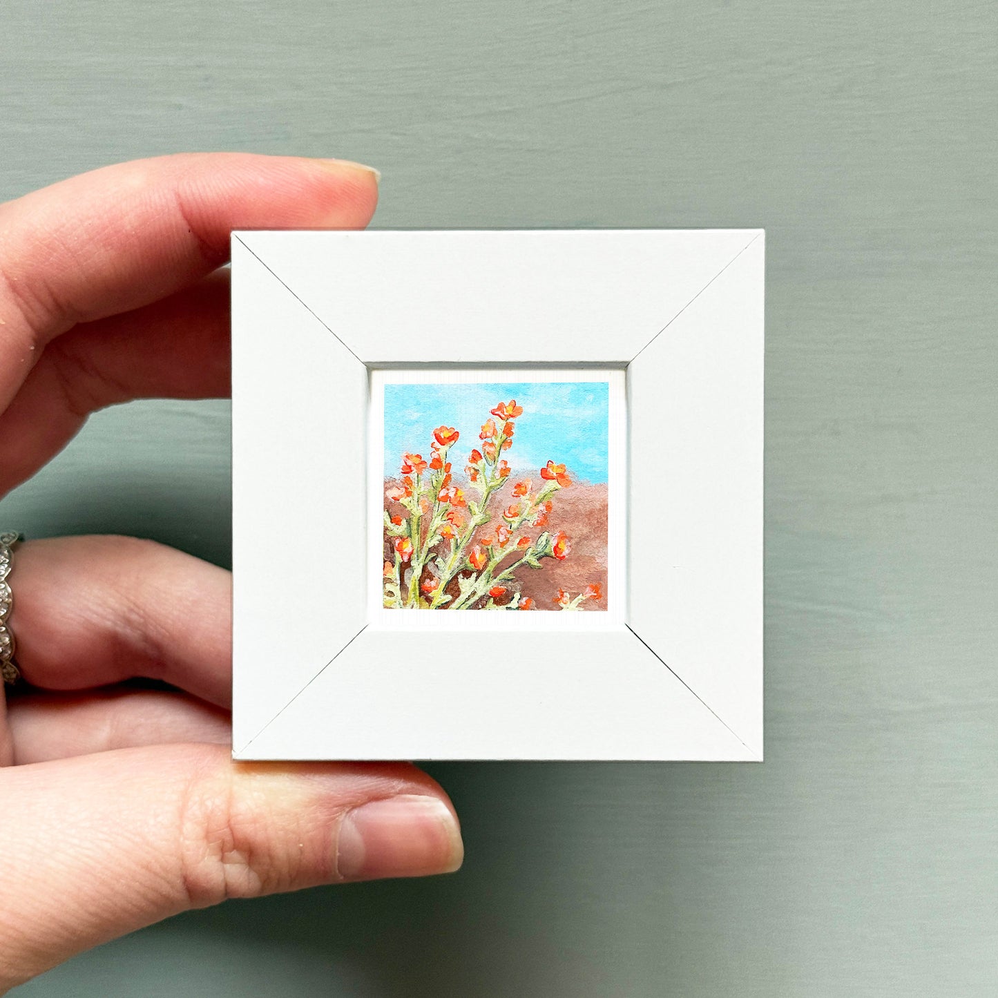 A hand is holding a small white square frame containing a painting of a desert plant with red flowers.