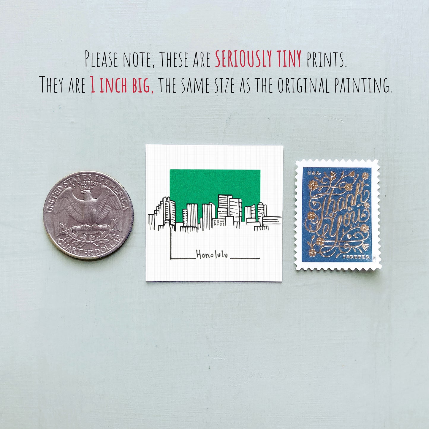 three different objects: a quarter, a stamp, and a small square print.