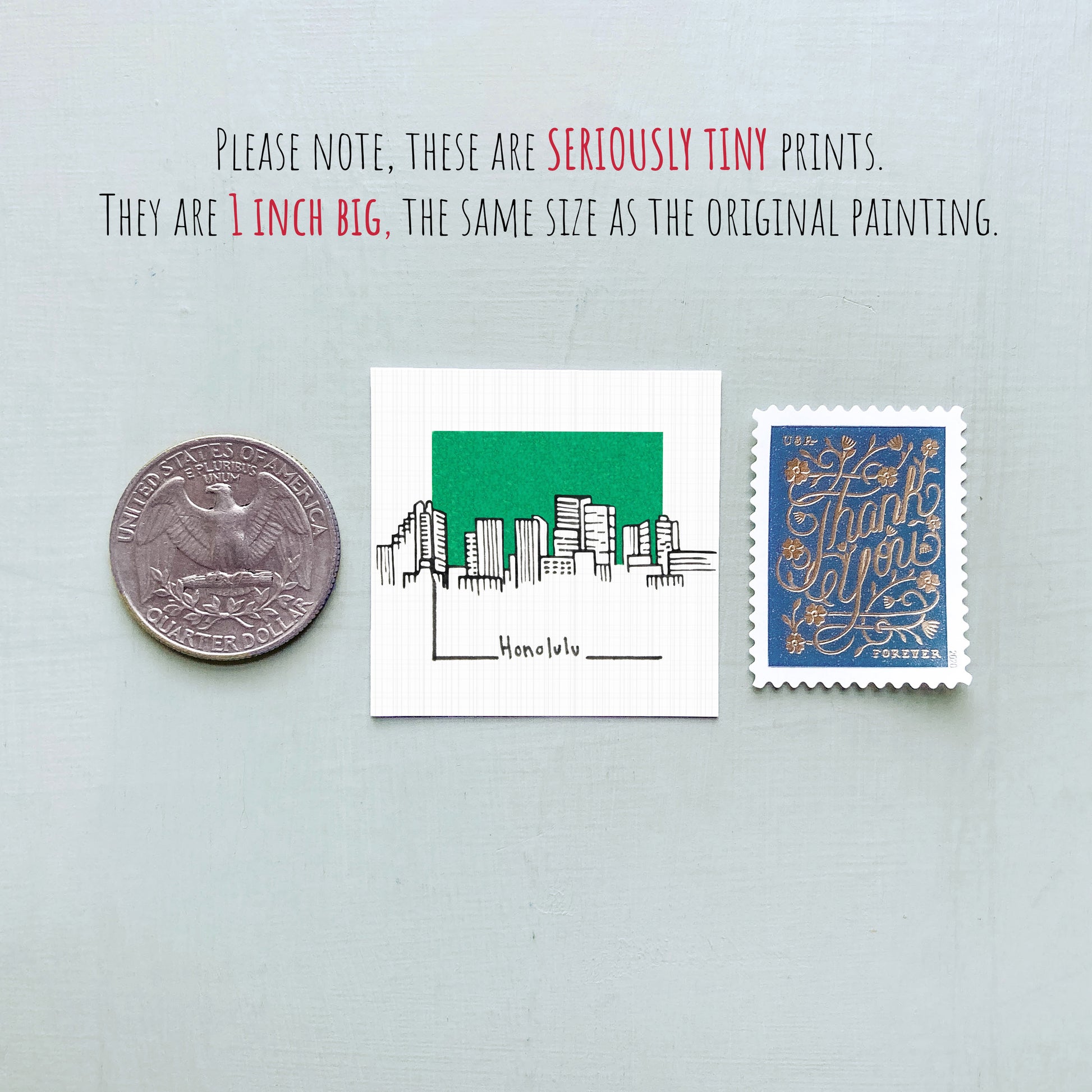 three different objects: a quarter, a stamp, and a small square print.