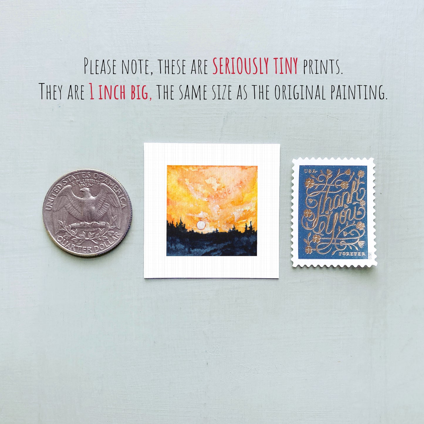 three small artworks: a coin, a postage stamp, and a painting. The coin is 1 inch in size, the postage stamp is 1 inch in size, and the painting is 1 inch in size.
