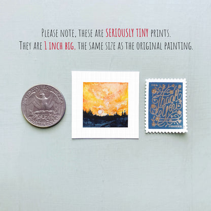 three small artworks: a coin, a postage stamp, and a painting. The coin is 1 inch in size, the postage stamp is 1 inch in size, and the painting is 1 inch in size.