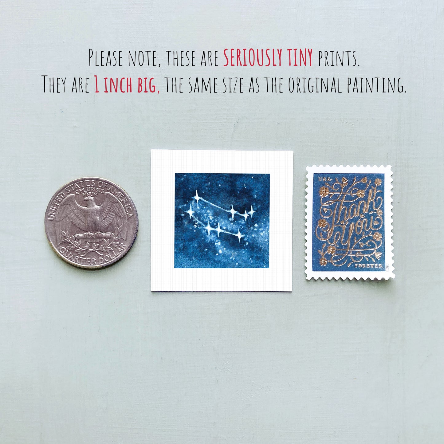three small prints: a quarter, a square print of a starry night sky, and a postage stamp.