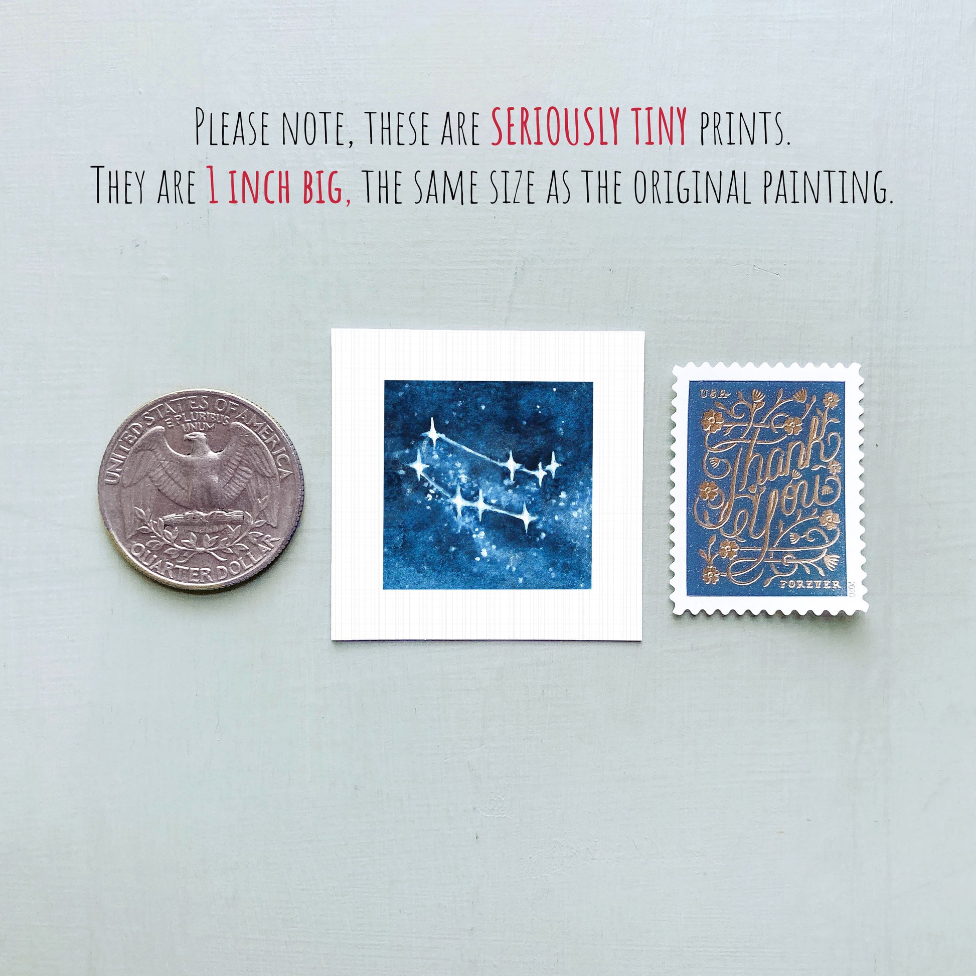 three small prints: a quarter, a square print of a starry night sky, and a postage stamp.