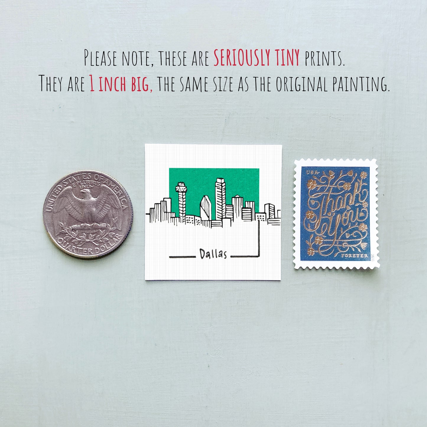 a collection of three items: a United States quarter, a Dallas postage stamp, and a postage stamp.