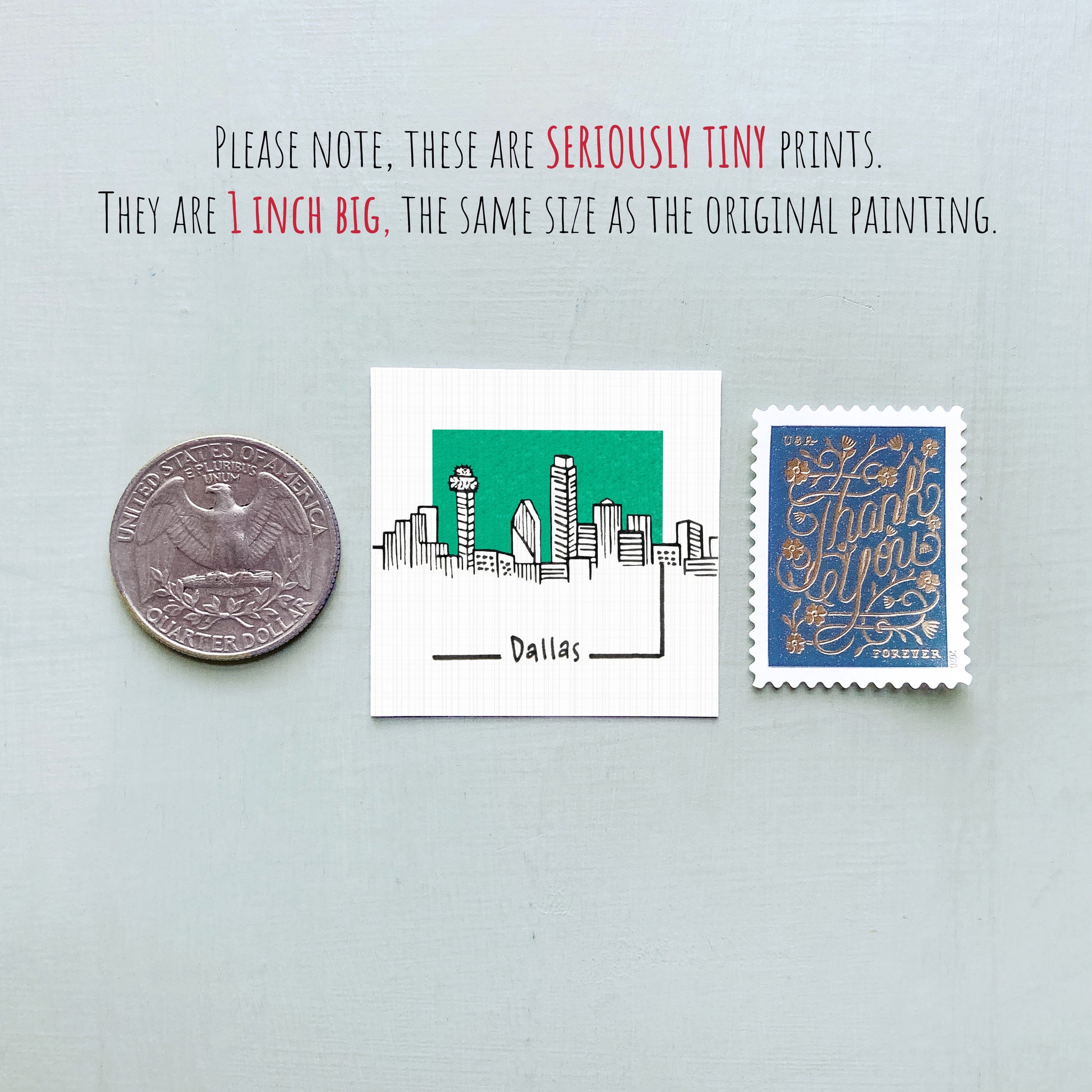 a collection of three items: a United States quarter, a Dallas postage stamp, and a postage stamp.