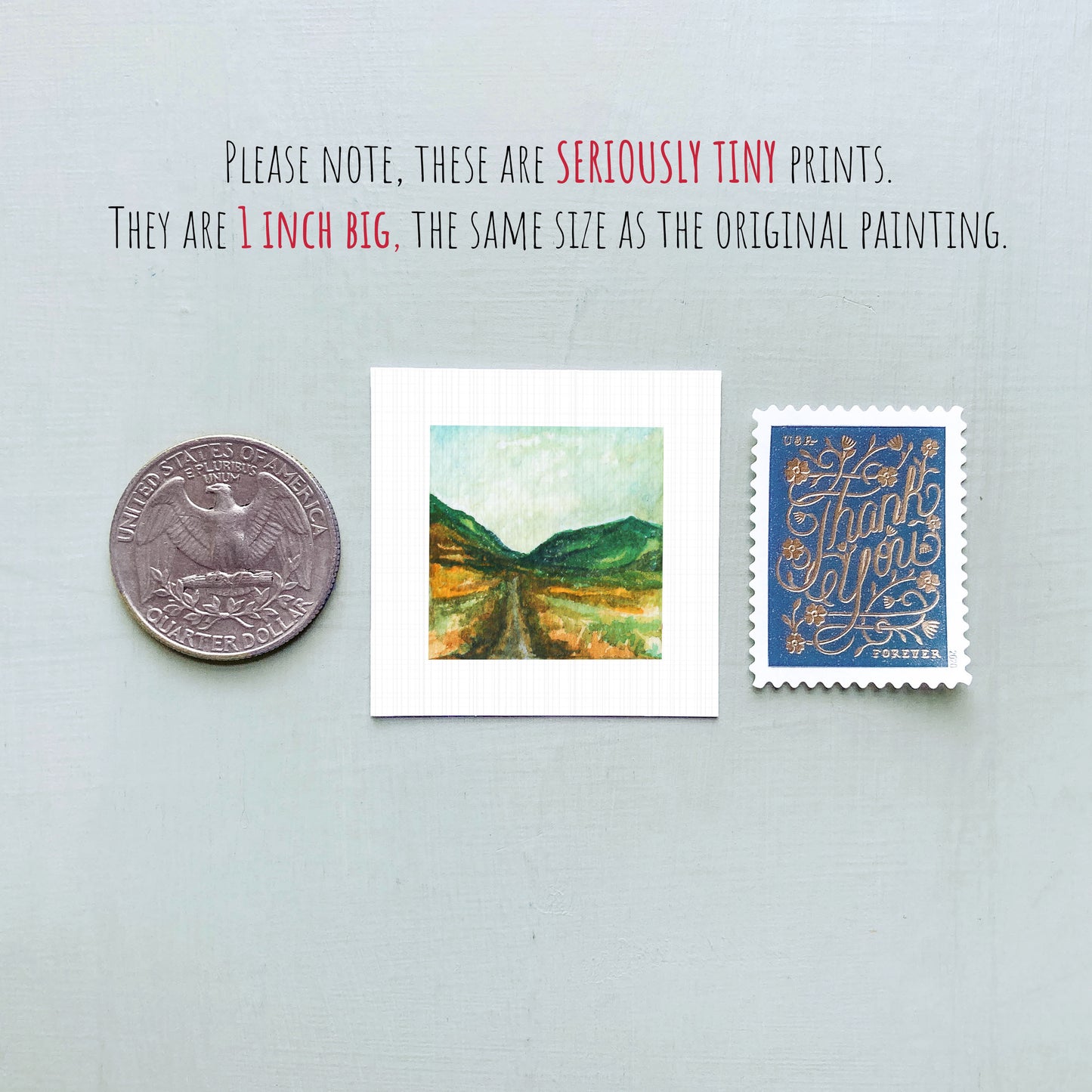 three small artworks and a coin, all of which are described as "seriously tiny prints" and "1 inch big," indicating that they are miniature-sized paintings.
