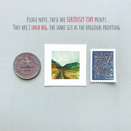 three small artworks and a coin, all of which are described as "seriously tiny prints" and "1 inch big," indicating that they are miniature-sized paintings.