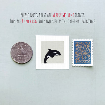 three small prints: a quarter, a square print of a black and white whale, and a blue postage stamp with gold lettering.