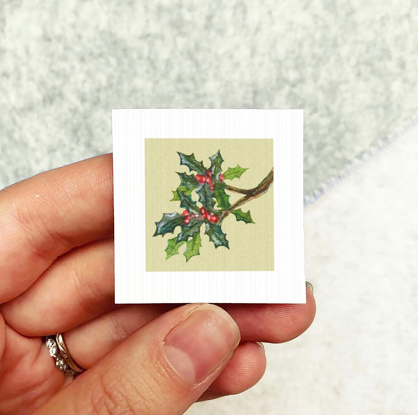 A hand holding a small square card with a picture of a holly bush on it.