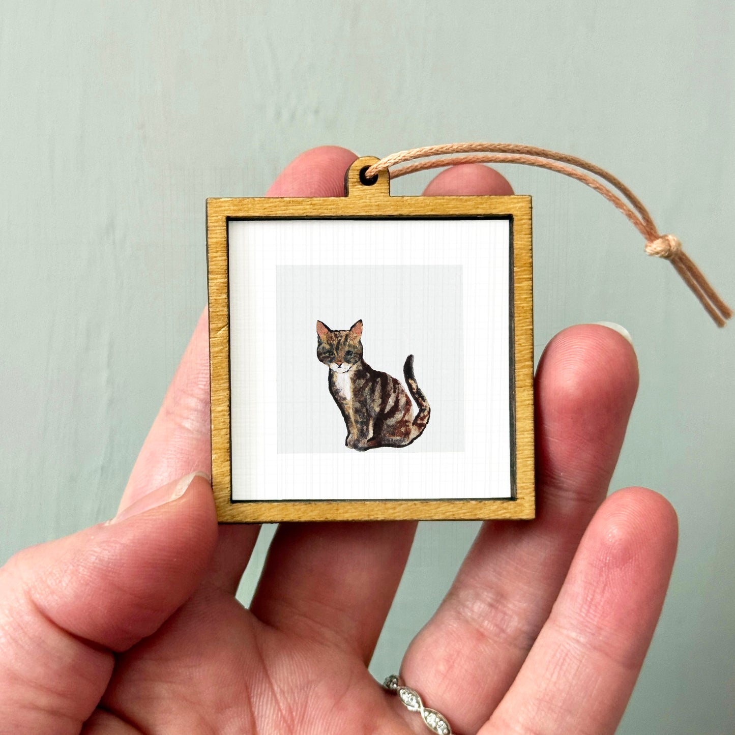 A person's hand holding a small wooden frame containing a picture of a cat.