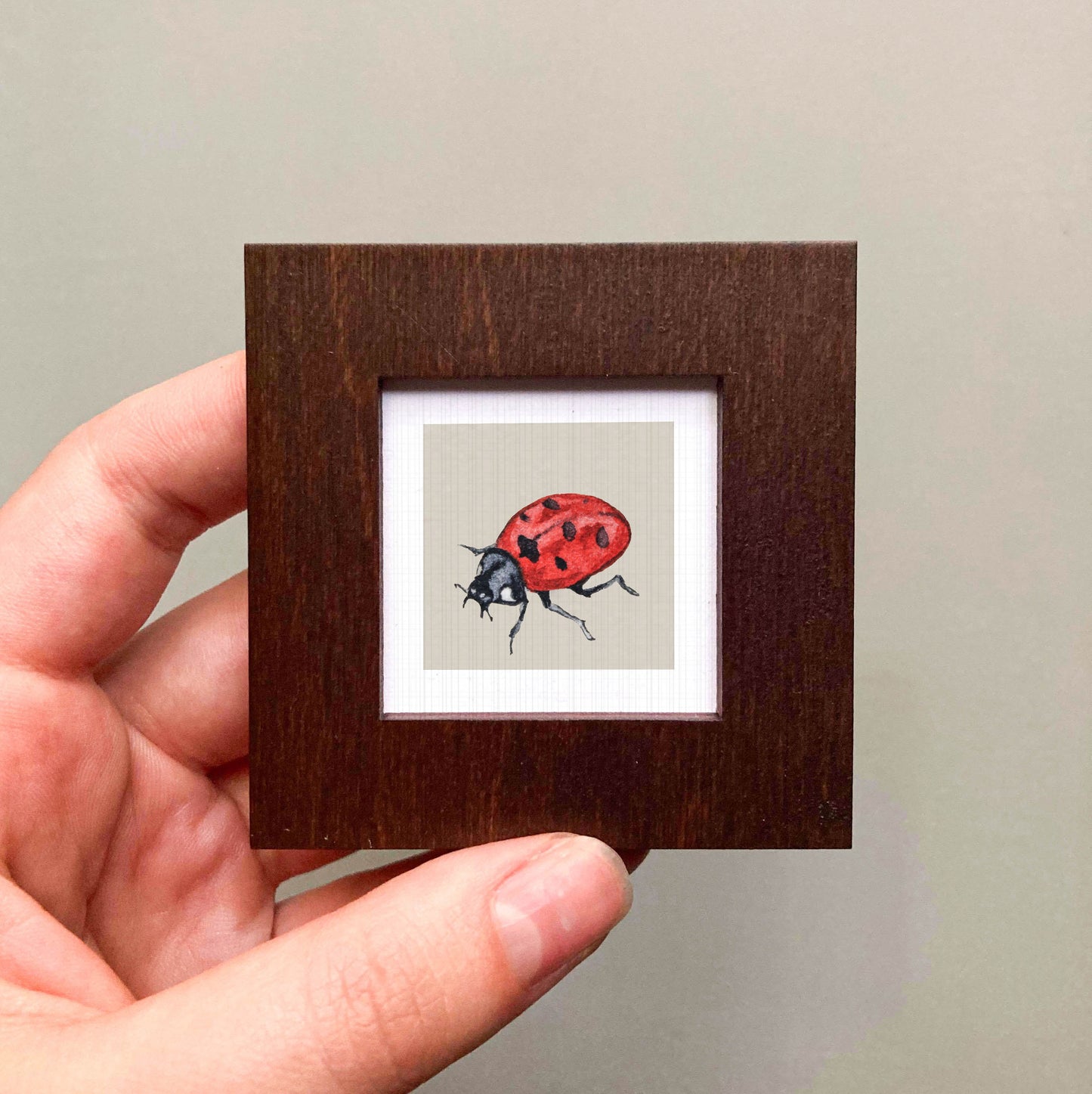 A hand is holding a small wooden frame containing a framed image of a ladybug.
