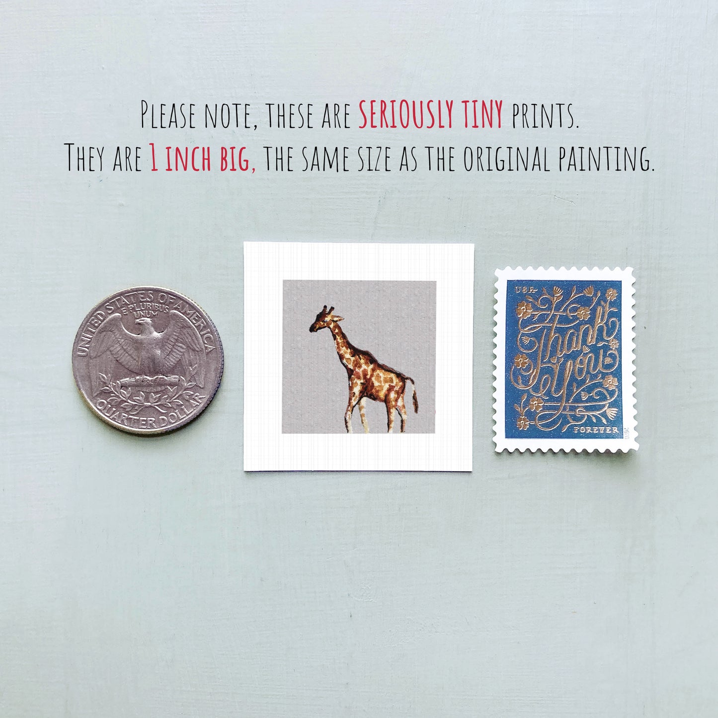 a collection of three small items: a quarter, a square print of a giraffe, and a postage stamp.