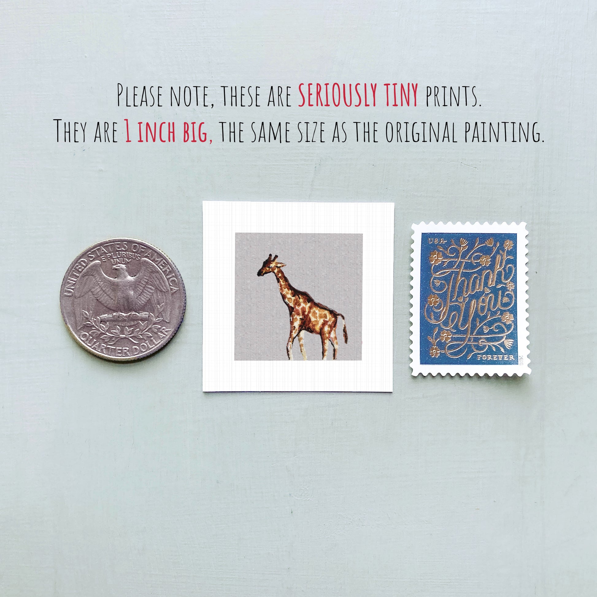 a collection of three small items: a quarter, a square print of a giraffe, and a postage stamp.