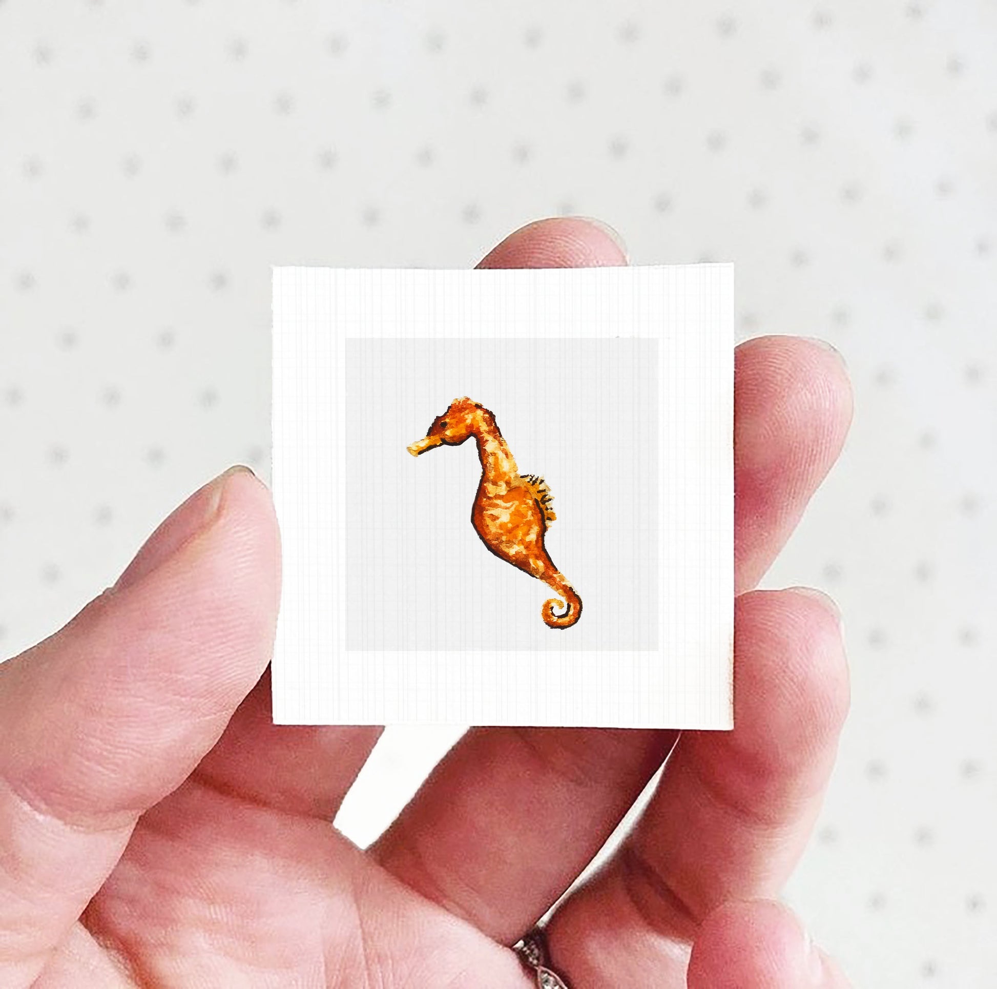 A hand holding a small square picture of a seahorse.