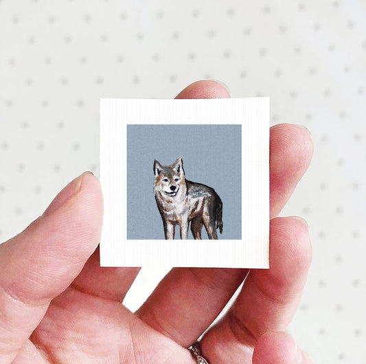 A hand holding a small square picture of a wolf against a light blue background.