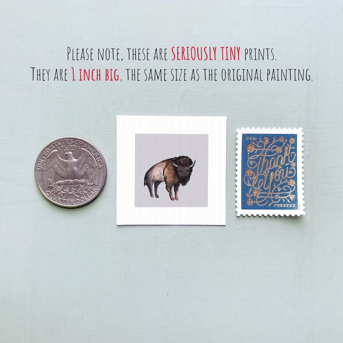 a collection of three small items: a quarter, a square print of a bison, and a postage stamp.