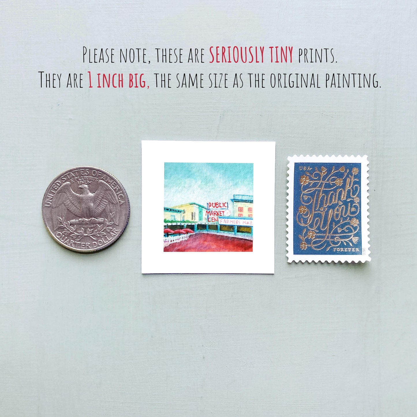 Mini 1" WA Pike Place Market Seattle WA USA Roadtrip Tiny Gouache Art PRINT