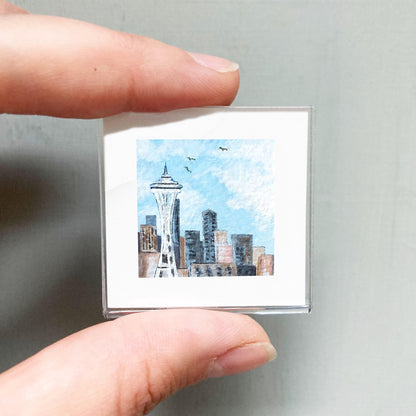 Mini 1" WA Space Needle Seattle Washington USA Roadtrip Tiny Gouache Art PRINT