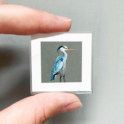 Mini 1" Blue Heron Bird Print Tiny Gouache Art PRINT