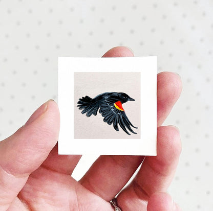 Mini 1" Red-Winged Blackbird Bird Print Tiny Gouache Art PRINT