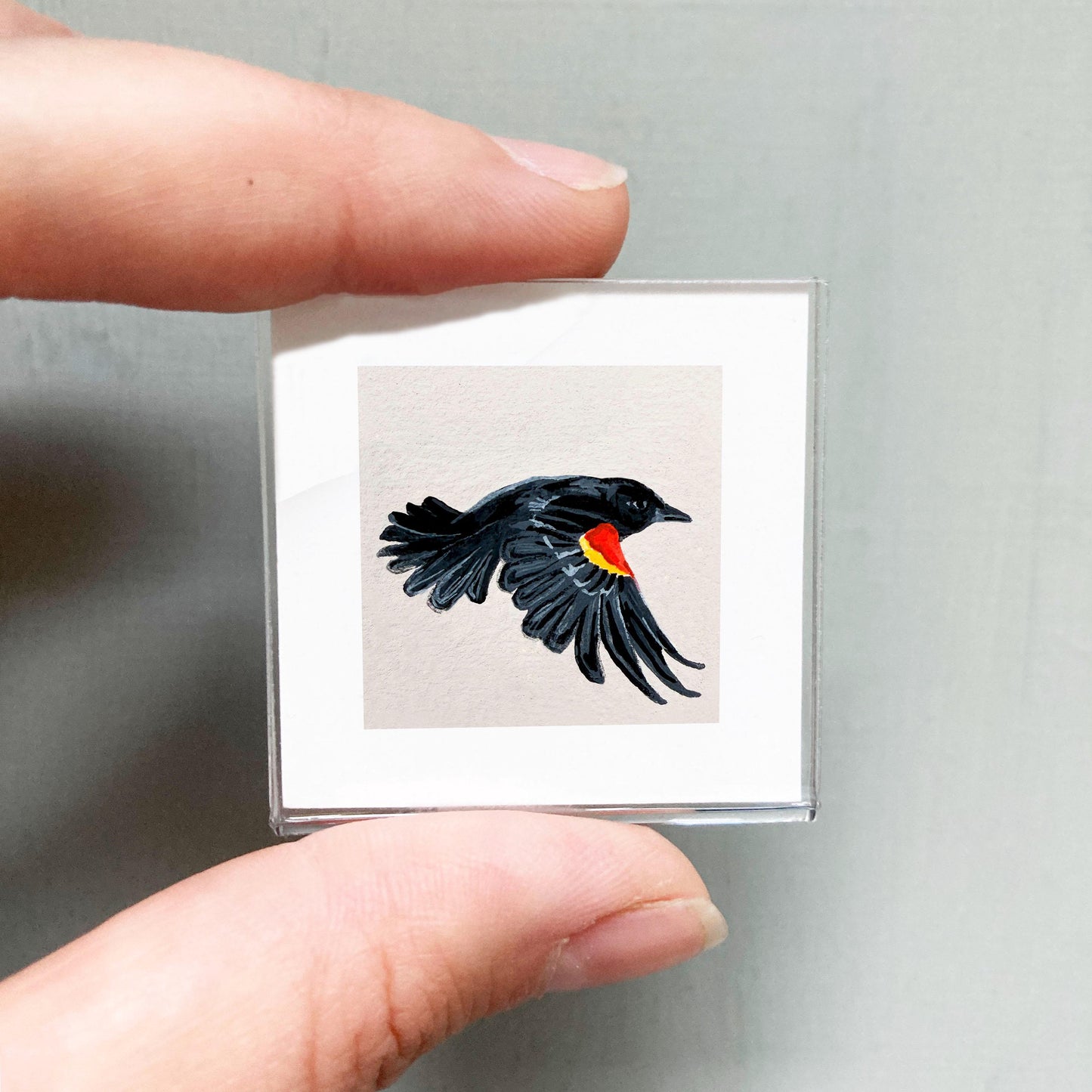 Mini 1" Red-Winged Blackbird Bird Print Tiny Gouache Art PRINT