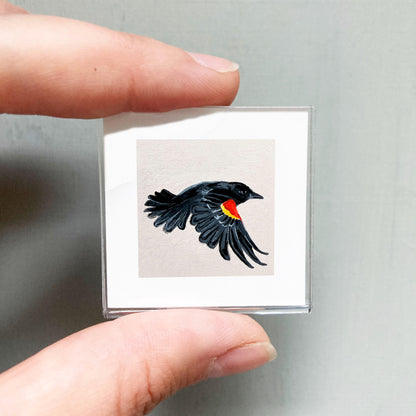 Mini 1" Red-Winged Blackbird Bird Print Tiny Gouache Art PRINT