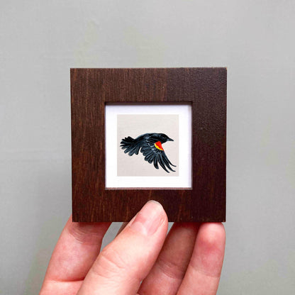 Mini 1" Red-Winged Blackbird Bird Print Tiny Gouache Art PRINT