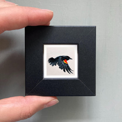 Mini 1" Red-Winged Blackbird Bird Print Tiny Gouache Art PRINT