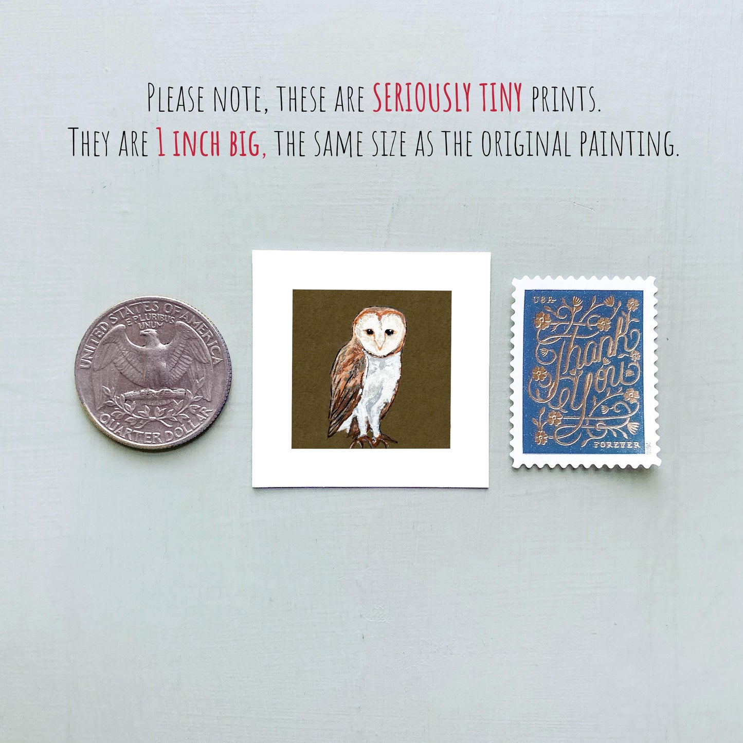 Mini 1" Barn Owl Bird Print Tiny Gouache Art PRINT